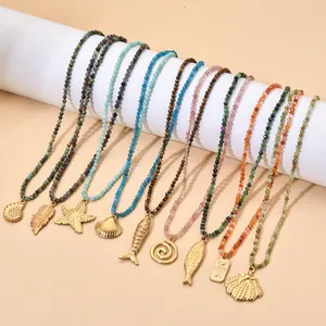 Vintage Ethnic Natural Stone Beaded Necklace Copper Sun Moon Star Pendant Bohemian Jewelry For Women Light Luxury Accessory