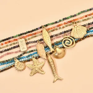 Bohemian multi-strand natural stone necklace with gold stainless steel sea charm pendants