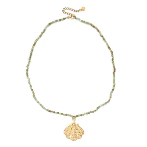 Retro ethnic stainless steel necklace with green natural stones and seashell pendant