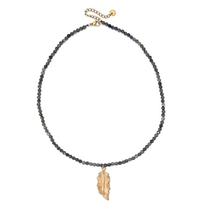 Vintage stainless steel natural stone beaded necklace with gold feather pendant