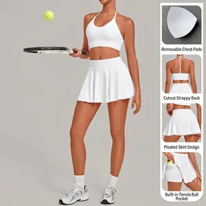 Women's white tennis sports bra and pleated skirt set for outdoor fitness and yoga