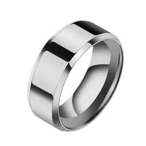 Minimalist stainless steel plain band ring for men featuring polished finish beveled edges