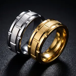 Titanium Steel Rings Brushed Geometric Gear Groove Industrial Hip Hop Punk Jewelry For Men Women Unisex Water Resistant
