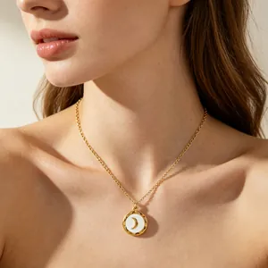 18K Gold Plated Stainless Steel Crescent Moon Round Pendant Necklace For Women Black White Enamel Hammered Texture