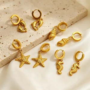 18K gold plated stainless steel marine earrings set with dolphin starfish seahorse charms