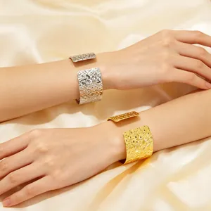 Hammered Texture Cuff Bracelet 18K Gold Plated Stainless Steel Wide Band Open Bangle Minimalist Bohemian Jewelry Women
