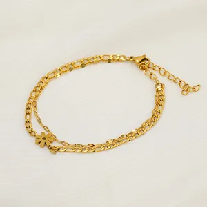 Double Layer Flower Bracelet 18K Gold Plated Stainless Steel Figaro Chain Adjustable Jewelry For Women