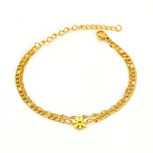 Double-layered 18K gold plated titanium steel bracelet with flower pendant and Figaro chain