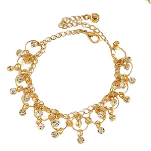 Elegant gold-plated link bracelet with sparkling zircon charms and a delicate bell detail