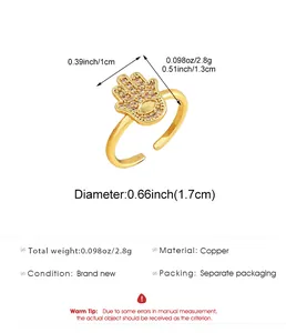 Detailed view of gold Hamsa hand ring with Evil Eye and CZ inlay specifications list