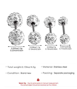Detailed dimensions of Shamballa pave crystal disco ball earrings in stainless steel.