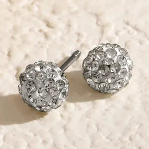 Detail shot of shimmering Shamballa rhinestone ball stud earrings with screw back