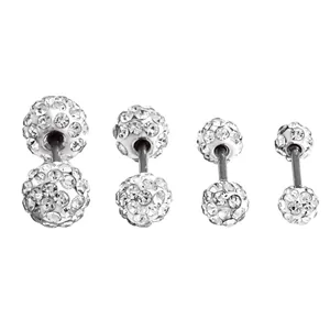 High detail macro view of sparkling crystal encrusted Shamballa barbell stud earrings in four sizes