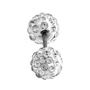 Macro view of white crystal shamballa barbell earrings with secure screw back design