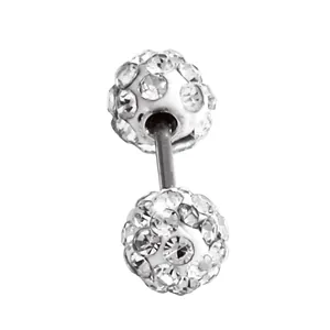 Macro detail of silver screw earring featuring two sparkling crystal-studded balls