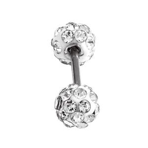 Macro view of silver-tone Shamballa ball stud earring with sparkling full crystal pavé.
