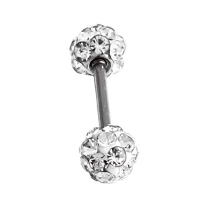 Macro view of Shamballa style barbell earring with double white pavé crystal balls