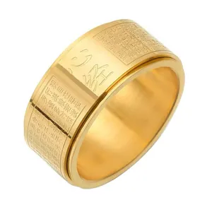 Bague rotative en acier inoxydable doré gravée avec le texte du Soutra du Cœur.