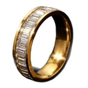 Elegant gold plated stainless steel eternity ring with baguette-cut clear zirconia stones