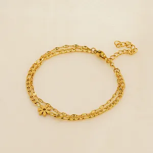 Double Layer Anklet 18K Gold Plated Titanium Steel Flower Pendant Figaro Cuban Chain Fashion Jewelry For Women