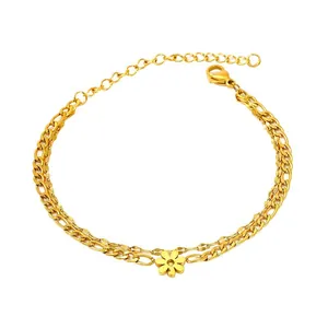 Elegant double-layered gold plated Cuban chain anklet with a delicate flower charm