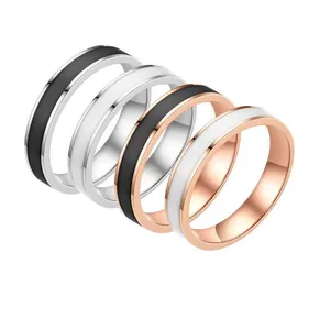 Set of minimalist stainless steel enamel rings in silver and rose gold finishes