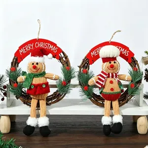 Christmas Gingerbread Man Wreath Rattan Hanging Decoration With Knitted Doll Pine Needles Red Berries For Holiday Home Wall