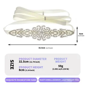 Dimensions and weight specifications for a handmade rhinestone bridal sash belt