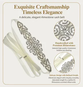 Close-up detail of exquisite handmade rhinestone patterns on a versatile ivory satin ribbon sash