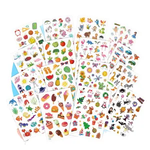 Colorful cartoon children's sticker sheets featuring animals unicorns and space themes