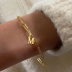 Stainless Steel Paperclip Chain Bracelet With Alphabet Initial Letter Pendant Elegant Fashion Jewelry For Women Gift
