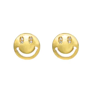 Elegant gold plated smiley face stud earrings with micro-paved zircons jewelry