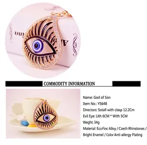 Detailed view of evil eye rhinestone keychain with size and material specifications.