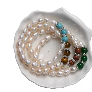 Elegant natural freshwater pearl and gemstone elastic bracelets set with rhinestone spacers