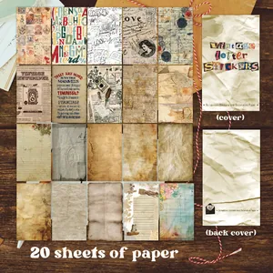 Overview of 20 vintage scrapbook paper sheets with letters and newspaper prints.