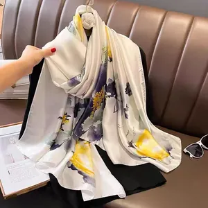 Elegante Sciarpa In Finta Raso Con Stampa Floreale Grande Scialle Protezione Solare Spiaggia Per Donna Moda Estiva Foulard
