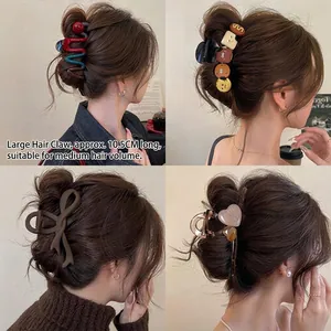Detail of four different hair claw clips for elegant ponytails and updos shown on a model.