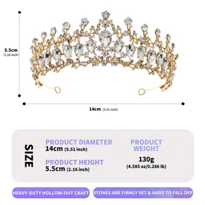 Vintage baroque golden tiara with clear rhinestones, 14cm diameter and 5.5cm height specs