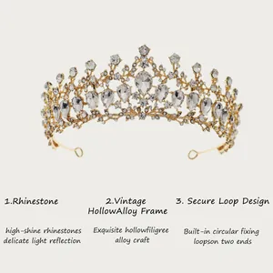 Detail view of a vintage Baroque gold crown featuring sparkling crystal rhinestones.