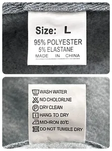 Detail of garment care label showing 95% polyester and 5% elastane fabric composition