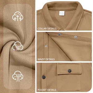 Close-up details of mens khaki slim jacket collar, snap waist, and pocket texture