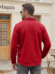 Back view of a vibrant red men's casual slim fit jacket worn in an outdoor street scene