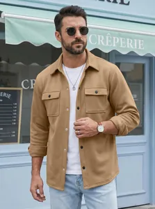 Stylish men's khaki casual jacket with lapel and pockets in outdoor street setting.
