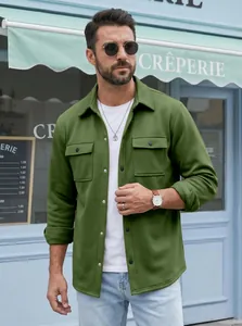 Detail view of men's olive green slim fit casual jacket with double chest pockets.