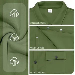 Detailed view of men's olive green windbreaker jacket with collar and pocket features