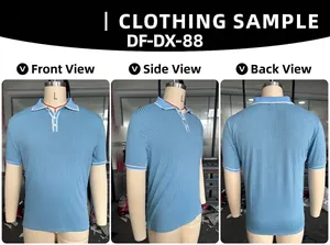Detailed front, side, and back views of a blue striped polo shirt with contrast trim