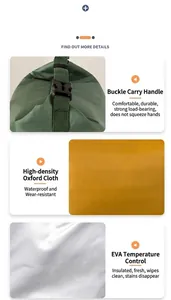 Detalles de la bolsa térmica con asa de hebilla, tela Oxford y revestimiento EVA.