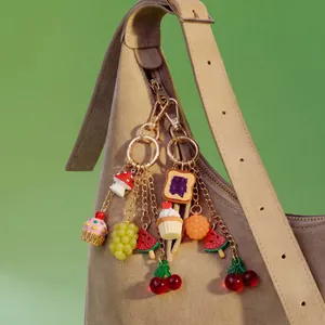 Zoete Simulatie Voedsel Tasbedeltje Acryl 14K Verguld Koper Kleurrijke Kralen Sleutelhanger Voor Damestas Fruit Dessert Patronen