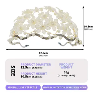 Specifications for handmade pearl flower hair hoop with acrylic petals and dimensions