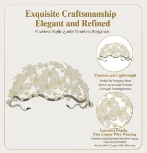 Detailed macro view of handmade pearl and acrylic flower headband for elegant banquet parties